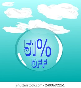 51% transparent soap bubble in blue sky for discount and promotion, blue and white colors