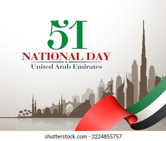 51 UAE National day flat paper style banner with UAE flag. Holiday card for 2 december 1971 - 2022, 51 National day United Arab Emirates Spirit of the union. Design with Dubai and Abu Dhabi silhouette