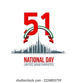 51 UAE National day flat paper style banner with UAE flag. Holiday card for 2 december 1971 - 2022, 51 National day United Arab Emirates Spirit of the union. Design with Dubai and Abu Dhabi silhouette