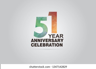 51 year anniversary celebration logotype with watercolor Green and Orange Emboss Style isolated on white background for invitation card, banner or flyer -vector