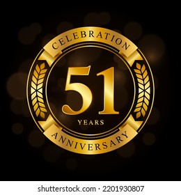 51 Year Anniversary celebration template design, with shiny ring and gold ribbon, laurel wreath isolated on black background, logo vector