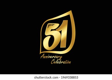 51 year anniversary gold color minimalist logo with golden leaf line jubilee, greeting card. Birthday invitation sign. Gold space vector illustration on Black background - Vector