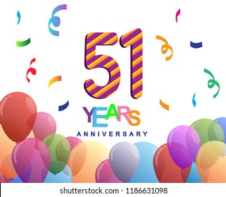 51 years anniversary celebration with colorful balloons and confetti, colorful design for greeting card birthday celebration