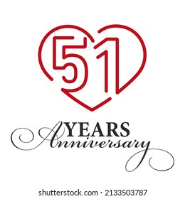 51 years anniversary celebration number thirty bounded by a loving heart red modern love line design logo icon white background