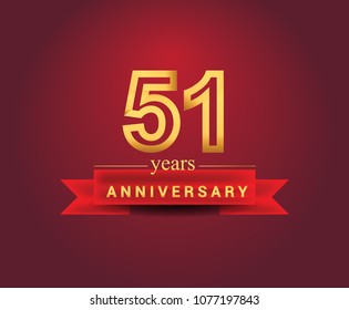 51 years anniversary design with red ribbon and golden color isolated on red background, Design for anniversary celebration.