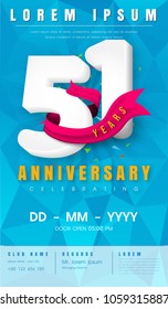 51 years anniversary invitation card or emblem - celebration template design , 51st anniversary modern design elements with  background polygon and pink ribbon - vector illustration.