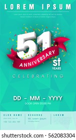 51 years anniversary invitation card or emblem - celebration template design , 51st anniversary modern design elements with background polygon and pink ribbon - vector illustration