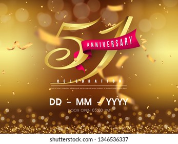 51 years anniversary logo template on gold background. 51st celebrating golden numbers with red ribbon vector and confetti isolated design elements