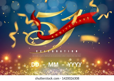 51 years anniversary logo template on gold and blue background. 51st celebrating golden numbers with red ribbon vector and confetti isolated design elements