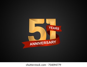 51 years anniversary logotype with elegance gold color and warp red ribbon