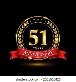 51 Years Anniversary template design, with shiny ring and red ribbon, laurel wreath isolated on black background, logo vector