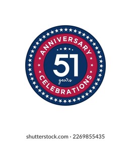51 años. Diseño de plantillas de aniversario, colores rojo y azul con estrellas, diseño para eventos, tarjeta de invitación, tarjeta de saludo, banner, afiche, volante, portada de libros e impresión. Vector Eps10