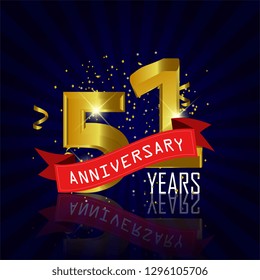 51 years anniversary Vector Template Design with golden color and silver ribbon isolated on blue sunburst background illustration for celebration event - Vector