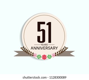 51 years anniversary with vintage style soft brown circle and flower isolated on white background for special celebration event