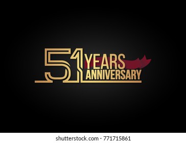 51 Years gold Anniversary celebration logotype using multi linear number with red ribbon isolated on black background.