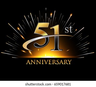 51 years golden anniversary logo celebration with firework and swoosh on dark background