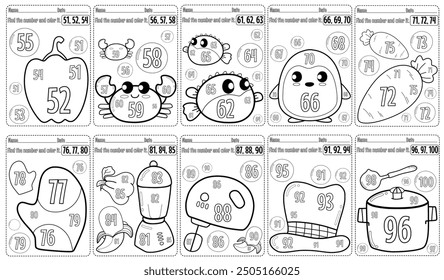 51-100 Find fun numbers learning worksheets for kids with cute black and white illustrations.