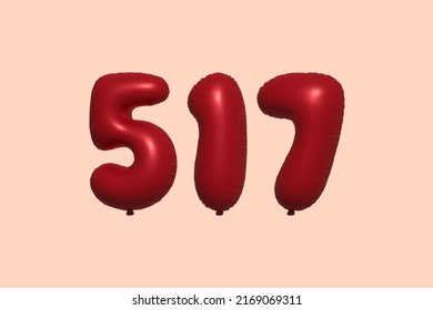 517 3d number balloon made of realistic metallic air balloon 3d rendering. 3D Red helium balloons for sale decoration Party Birthday, Celebrate anniversary, Wedding Holiday. Vector illustration
