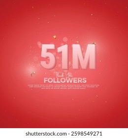 51M Follower celebration, 51M Pink Number on Red background with sparkling confetti, Thank you followers, 51M online social festive banner, 52M