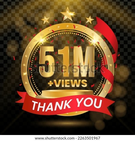 51M+ Views Logotype with Gold and red Confetti Isolated on Black Background(PNG), Vector design for video display celebration.