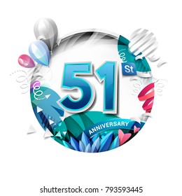 51st anniversary background with balloon and confetti on white. 3D paper style illustration. Poster or brochure template. Vector illustration.