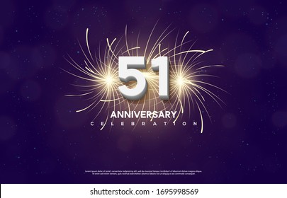 51st anniversary background with illustrations of white numbers in front of exploding firecrackers.