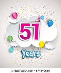 51st Anniversary Celebration Design, with clouds and balloons, confetti. Vector template elements for your, fifty one years birthday celebration party.