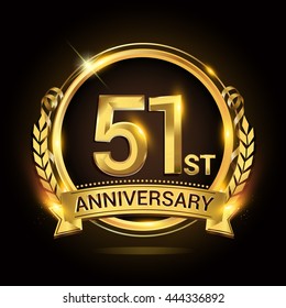 51st anniversary celebration logo with golden ring and ribbon, laurel wreath vector design.