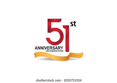 51st anniversary design logotype red color and golden ribbon for celebration isolated on white background