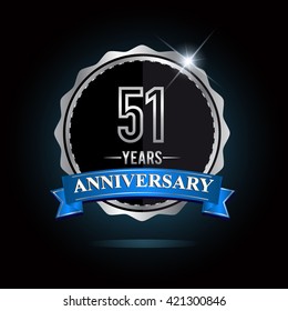 51st anniversary logo with blue ribbon and silver shiny badge, vector design for birthday celebration