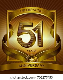 51st anniversary logo. Vector and illustration with ribbon shiny gold