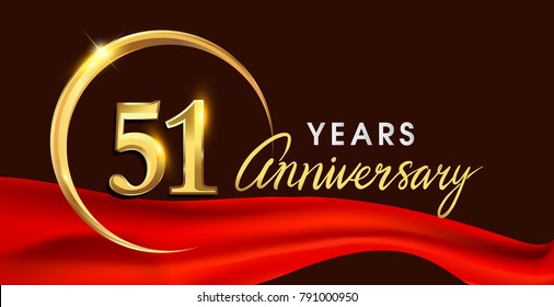 51st anniversary logotype with golden ring isolated on red ribbon elegant background, vector design for birthday celebration, greeting card and invitation card.