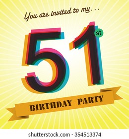 51st Birthday party invite / template design in retro style - Vector Background