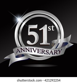 51st silver anniversary logo with ring and ribbon. Vector design template elements for your birthday celebration.