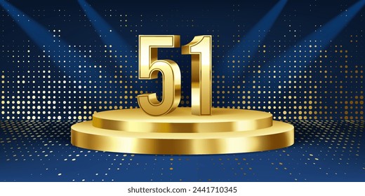 51st Year anniversary celebration background. Golden 3D numbers on a golden round podium, with lights in background.
