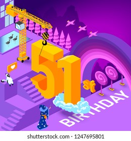 51st year Anniversary Celebration concept with characters. Flat isometric vector illustration
