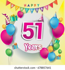 51st years Anniversary Celebration, birthday card or greeting card design with gift box and balloons, Colorful vector elements for the celebration party of fifty one years anniversary.