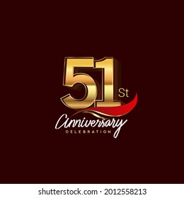 51st years anniversary celebration logotype. Anniversary logo with red feather and golden color isolated on elegant background, vector design for celebration, invitation card, and greeting card