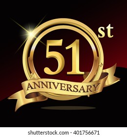 51st years golden anniversary logo celebration with ring and ribbon. Vector template elements for your birthday party.