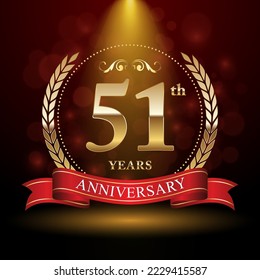 51th Anniversary. Anniversary logo design with Laurel wreath and red ribbon for celebration event, wedding, invitation, greeting card. Vector illustration