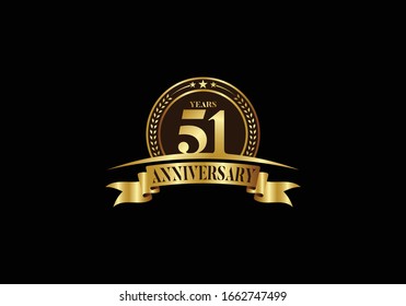 51th years anniversary logo template, vector design birthday celebration, Golden anniversary emblem with ribbon. Design for a booklet, leaflet, magazine, brochure, poster, web, invitation or greeting