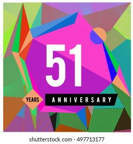 51th years greeting card anniversary with colorful number and frame. logo and icon with Memphis style cover and design template
