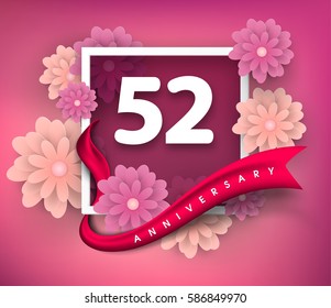 52 anniversary invitation card. Vector invitation card or 
Anniversary emblems template design. Design with abstract 
background and elegant frame with ribbon decorated and 3d flowers.