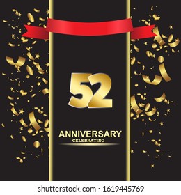 52 anniversary logo with confetti golden colored and red ribbon isolated on black background, vector design for greeting card and invitation card