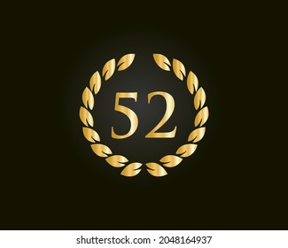 52 Anniversary Ring Logo Template. 52 Years Anniversary Logo With Golden Ring Isolated On Black Background, For Birthday, Anniversary And Company Celebration