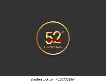 52 anniversary vector design golden color with ring and red ribbon isolated on black background