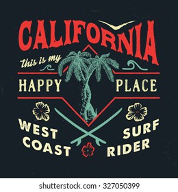 52 CALIFORNIA HAPPY PLACE. Handmade Palms trees retro style. Design fashion apparel textured print. T shirt graphic vintage grunge vector illustration badge label logo template. 