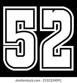 52 Classic Vintage Sport Jersey Uniform numbers in black with a black outside contour line number on white background for American football, Baseball and Basketball or soccer for shirt