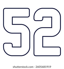 52 Classic Vintage Sport Jersey Uniform numbers in black with a black outside contour line number on white background for American football, Baseball and Basketball or soccer for shirt