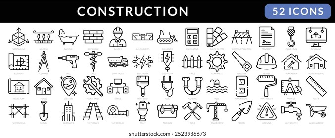 52 Clean Line Construction Icons for Industrial and Building Projects